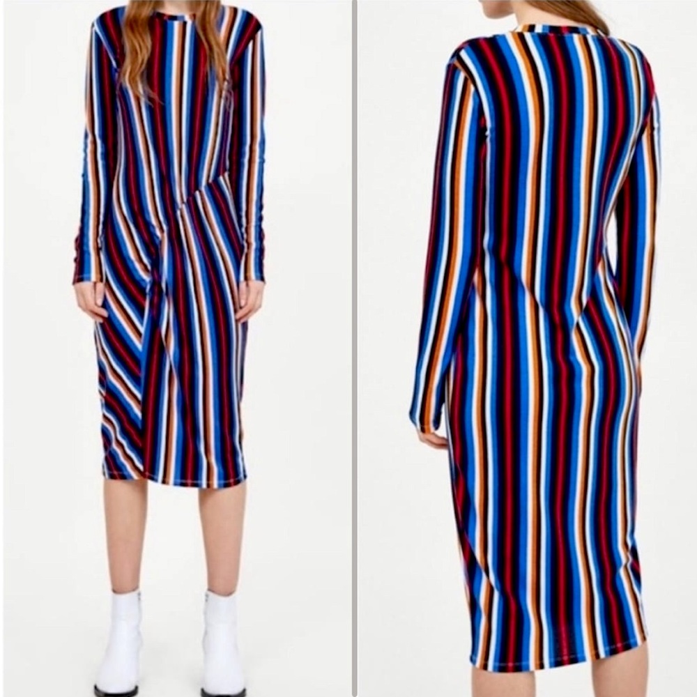 Zara Vintage Inspired Ribbed Stripes Midi Dress Sz. Medium